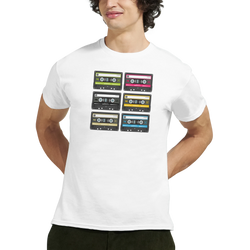White men's t-shirt featuring six colorful retro cassette tape graphics. Vintage 80s music streetwear top with audio nostalgia design.