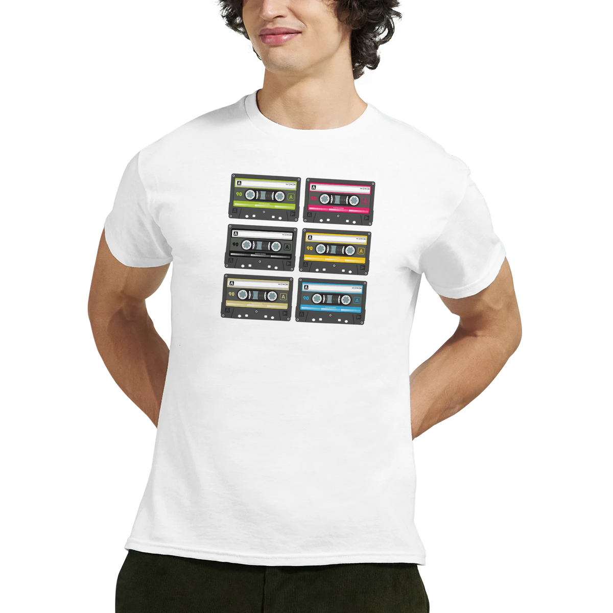 White men's t-shirt featuring six colorful retro cassette tape graphics. Vintage 80s music streetwear top with audio nostalgia design.
