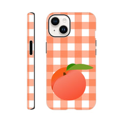 Peach fruit illustration on retro orange and white gingham pattern tough iPhone case with full wraparound protective design.