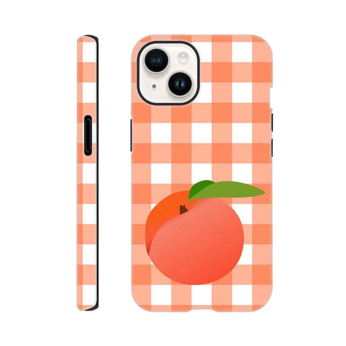 Peach fruit illustration on retro orange and white gingham pattern tough iPhone case with full wraparound protective design.