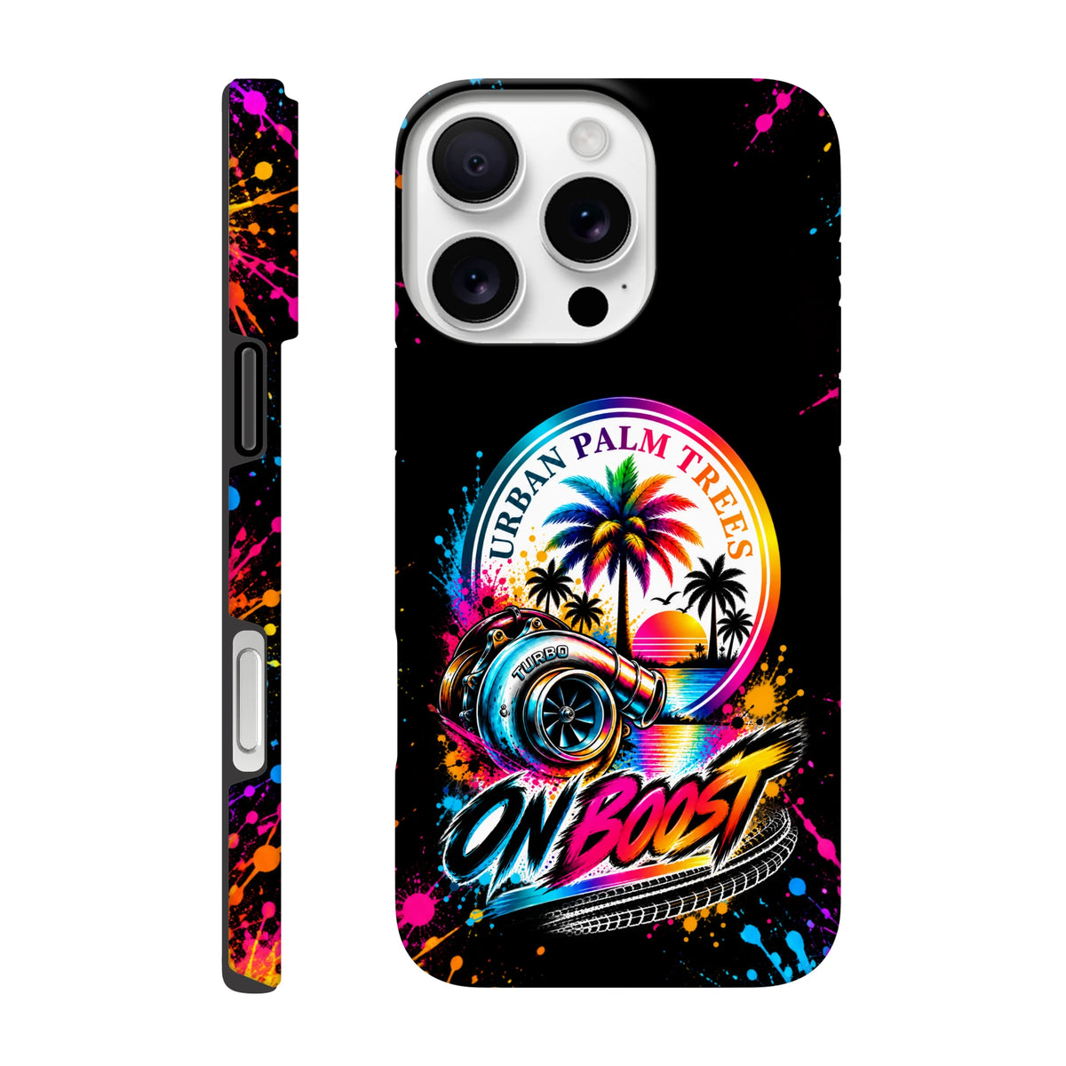 On Boost iPhone case featuring a colorful turbocharger, rainbow palm trees, and "Urban Palm Trees" text against a splatter art background.