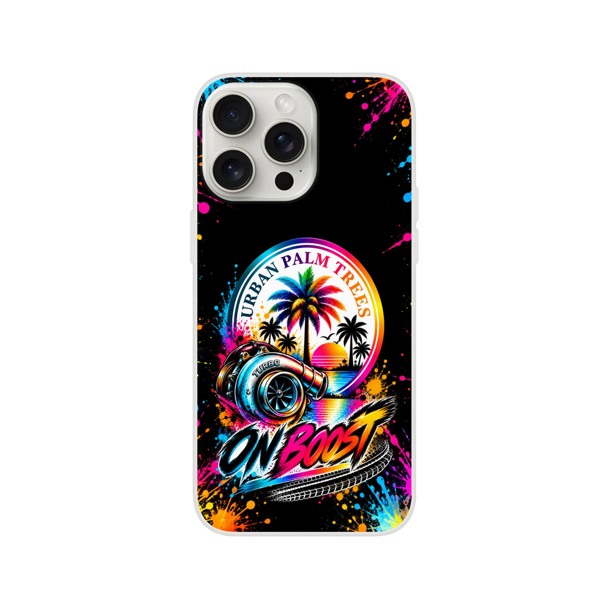 On Boost iPhone case featuring colorful turbocharger, urban palm trees sunset graphic, and paint splatter design for petrolheads.