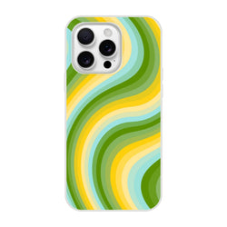 Retro green/yellow wave iPhone case for 13–16 with groovy Y2K swirl; slim matte shell, shock-absorbing.