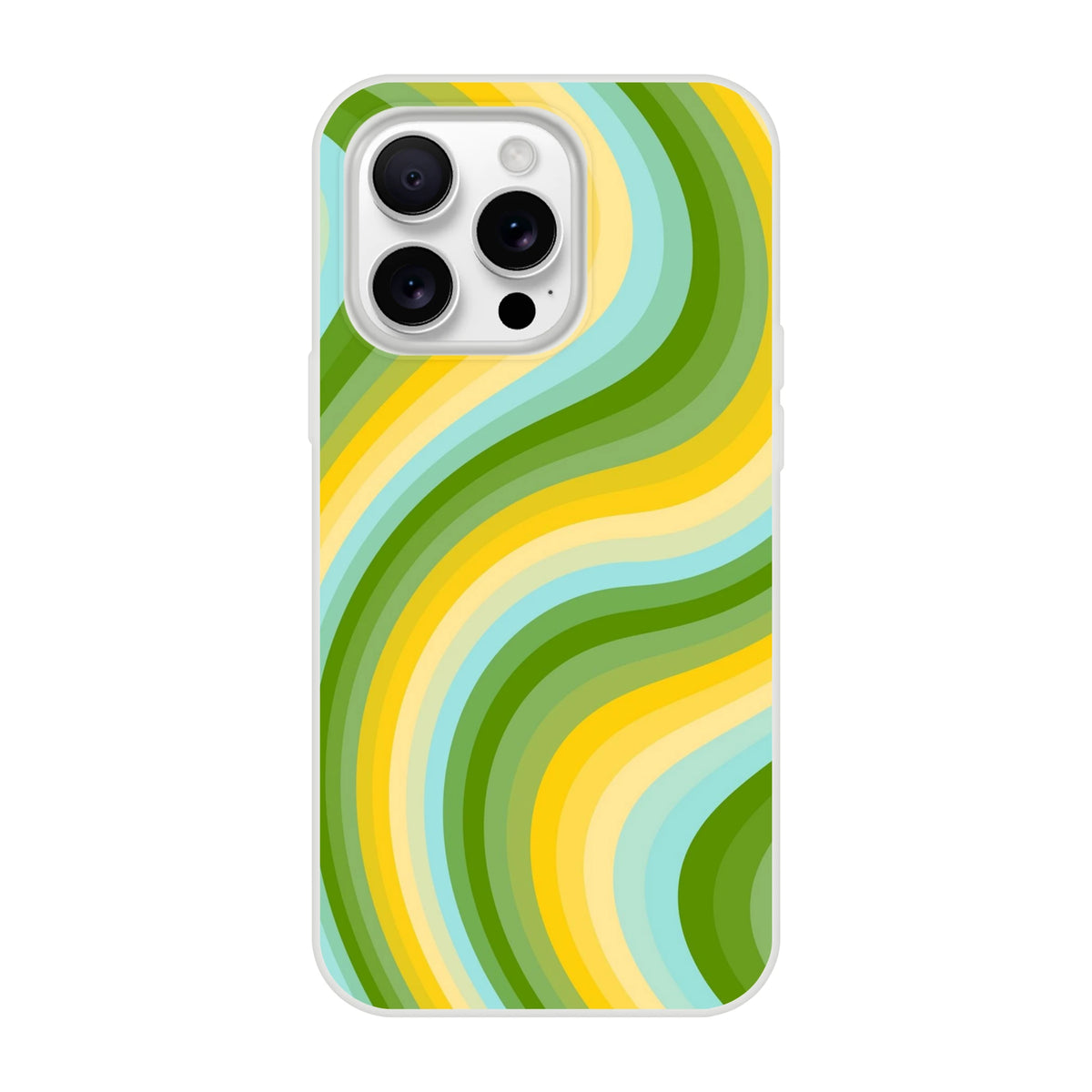 Retro green/yellow wave iPhone case for 13–16 with groovy Y2K swirl; slim matte shell, shock-absorbing.