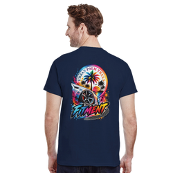Man wearing navy blue Fitment Petrolhead graphic tee featuring a modified car, palm trees, sunset, and colorful splatter art on the back.