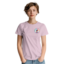 Woman wearing a light pink graphic tee with a colorful retro Urban Palm Trees circle logo on the chest.