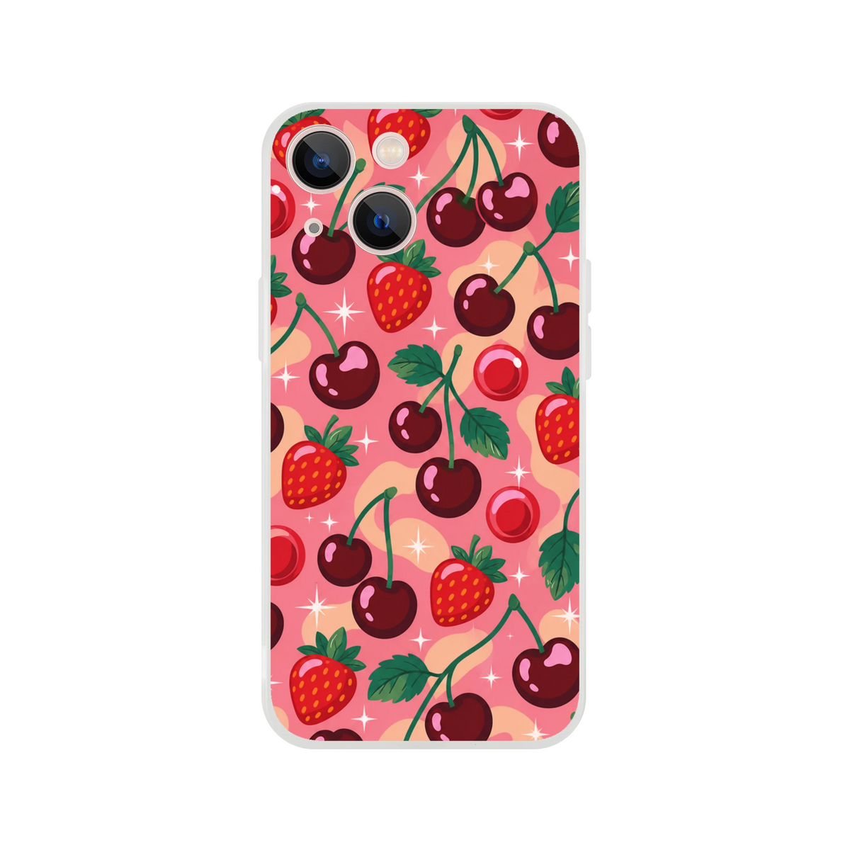 Retro cherry and strawberry iPhone case pattern on pink background. Shock-absorbing TPU phone cover for iPhone 13-16 models.