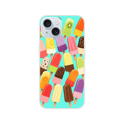 Colorful retro popsicle iPhone case featuring assorted ice lolly illustrations on a bright turquoise background for summer style.