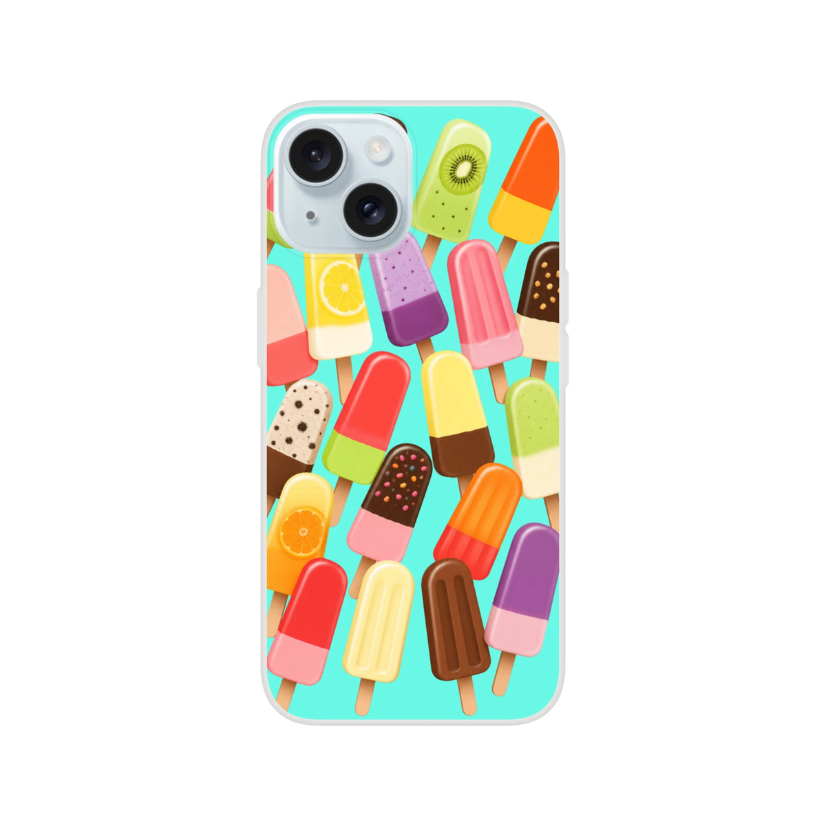 Colorful retro popsicle iPhone case featuring assorted ice lolly illustrations on a bright turquoise background for summer style.