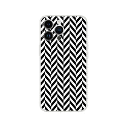 Black and white herringbone iPhone case featuring a bold geometric chevron pattern and matte finish for shock absorption.