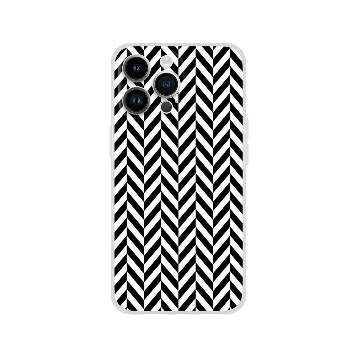 Black and white herringbone iPhone case featuring a bold geometric chevron pattern and matte finish for shock absorption.