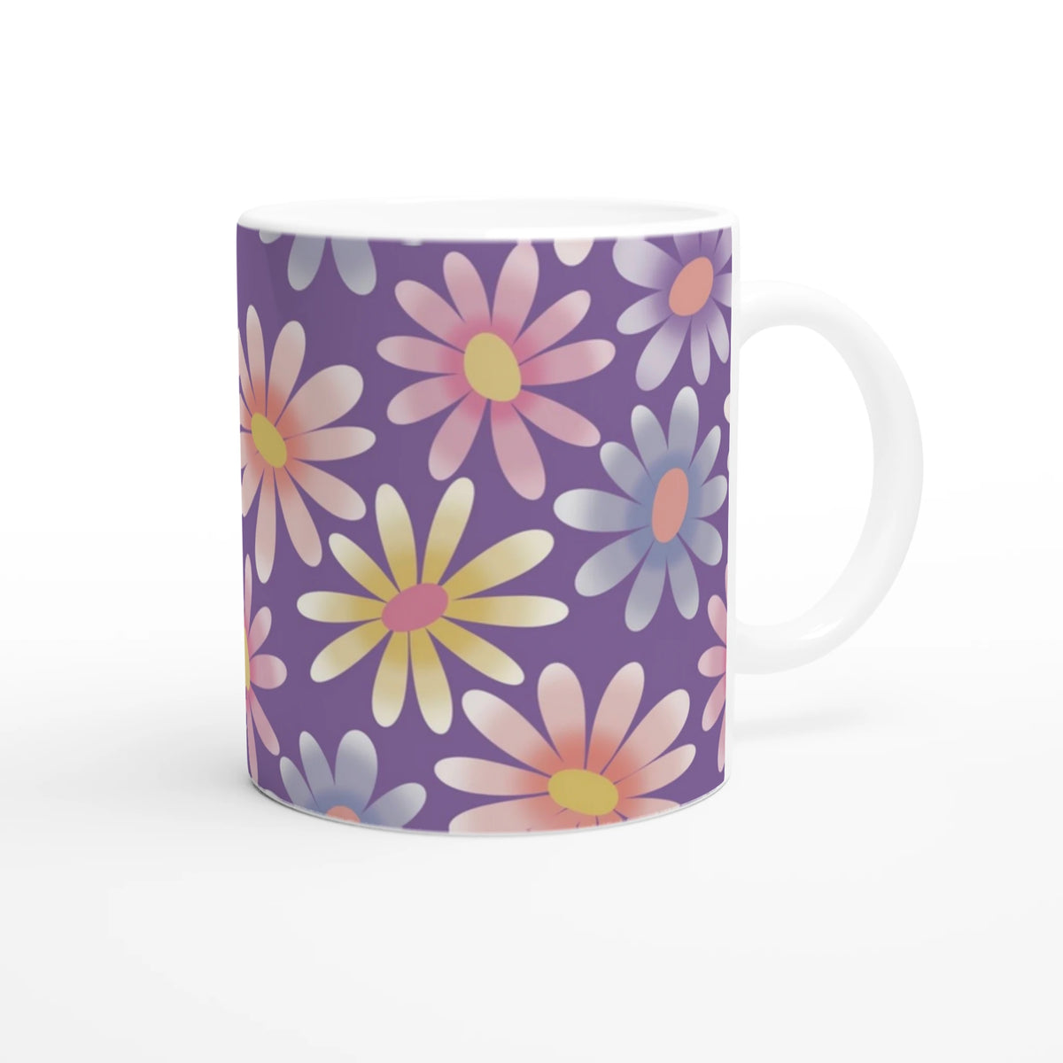 Retro Pastel Daisy Mug, a cute floral ceramic coffee cup with a comfy grip.