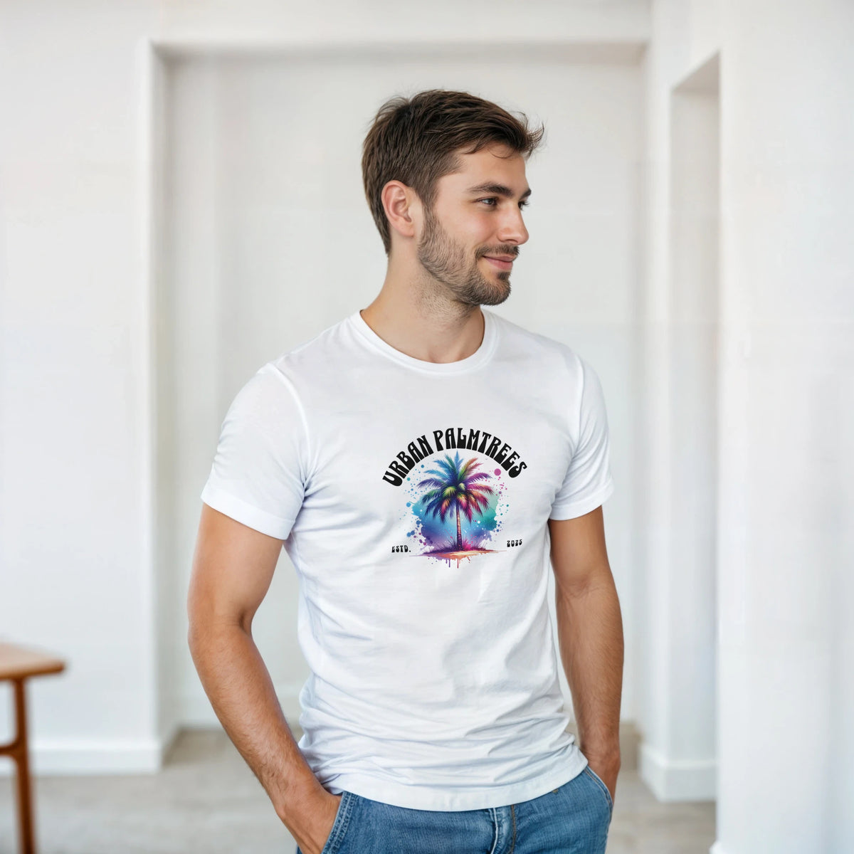 Man wearing a white Urban Palm Trees T-Shirt for Men with a tropical palm graphic, retro streetwear summer top