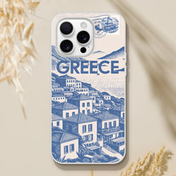 Vintage Greece postcard design iPhone case for iPhone 13–16, blue cityscape and stamp artwork.
