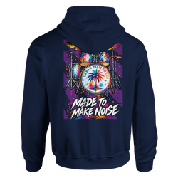 Back of navy hoodie featuring retro colorful drum kit graphic with palm tree bass drum and "Made to Make Noise" text.