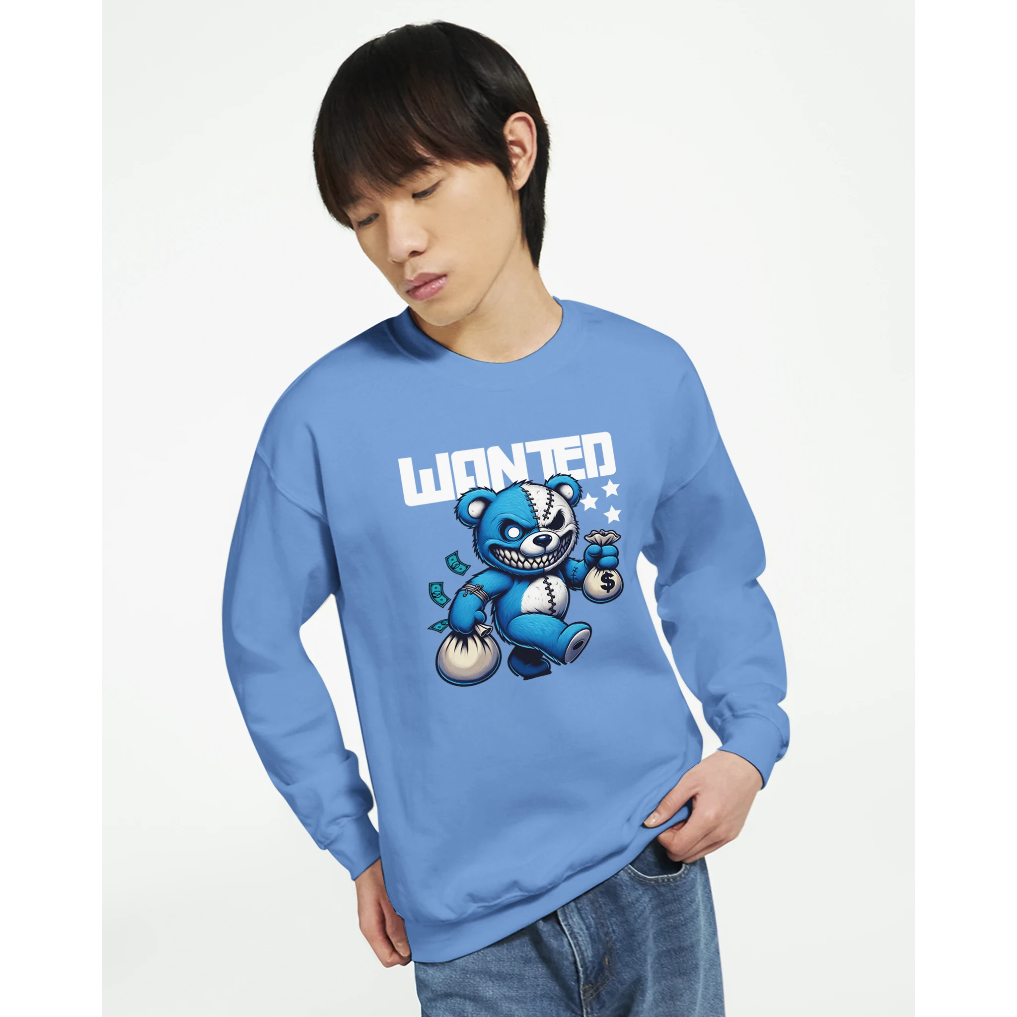 Blue Wanted Teddy Bear men's graphic sweatshirt featuring a teddy bear holding money, 50/50 cotton-poly blend.