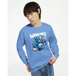 Blue Wanted Teddy Bear men's graphic sweatshirt featuring a teddy bear holding money, 50/50 cotton-poly blend.