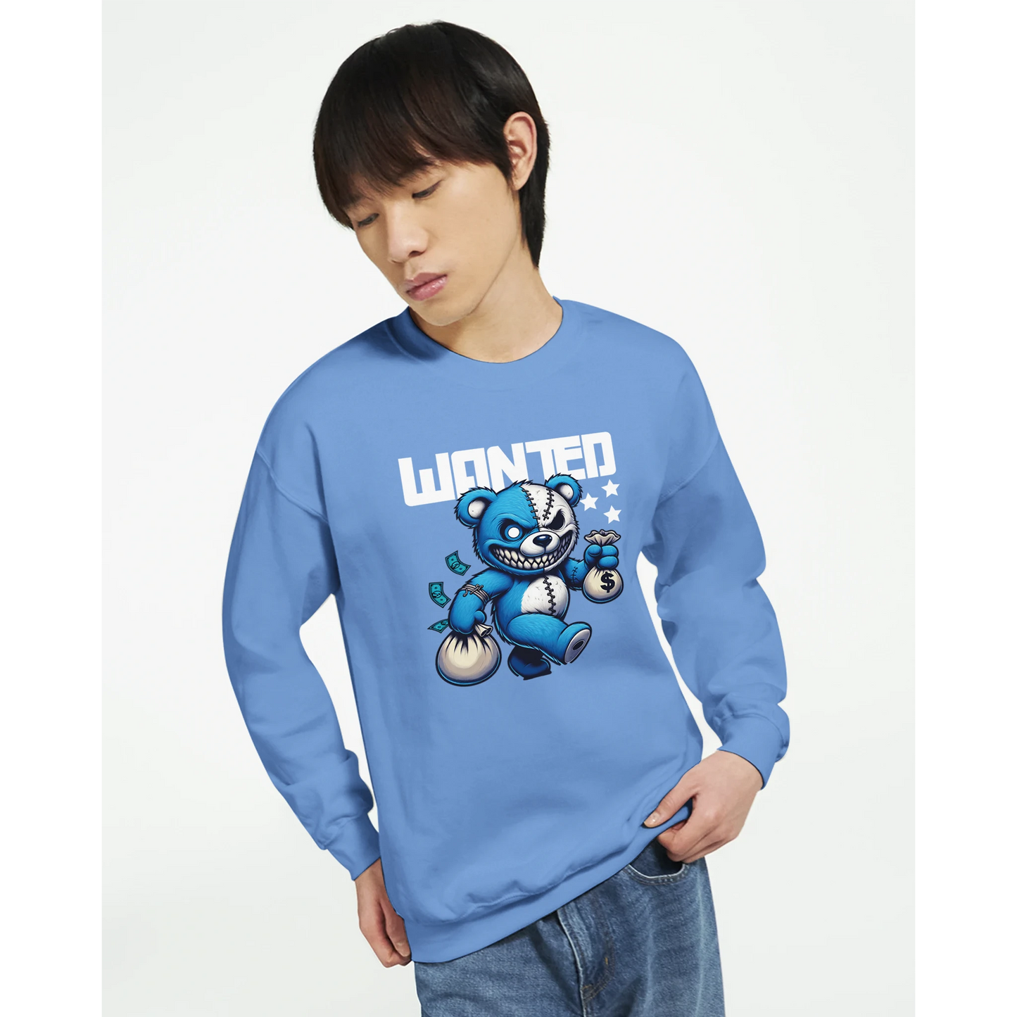 close up on man wearing a blue men's graphic sweatshirt with a teddy bear design.