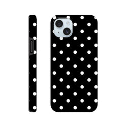 Black and white polka dot tough iPhone case with shock-absorbing TPU core and durable dual-layer frame for impact protection.