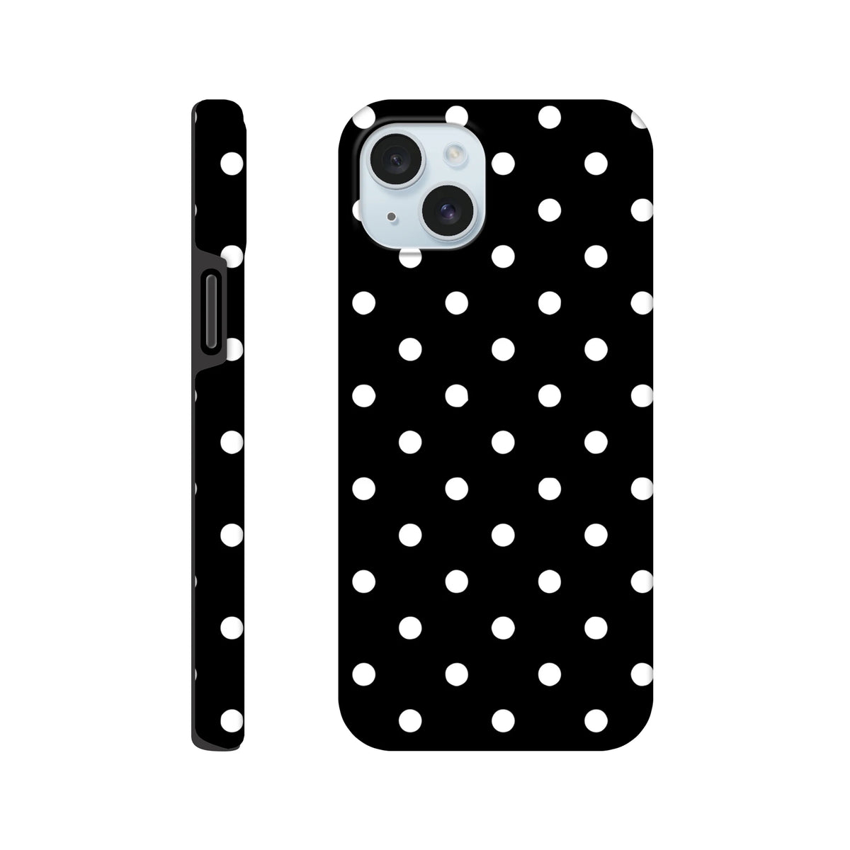 Black and white polka dot tough iPhone case with shock-absorbing TPU core and durable dual-layer frame for impact protection.