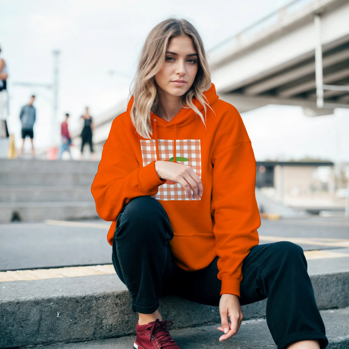 Orange retro peach gingham hoodie for women featuring a vintage fruit graphic pullover design.