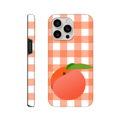 Peach illustration on retro orange and white gingham iPhone case featuring full wraparound checkered print and tough protection.