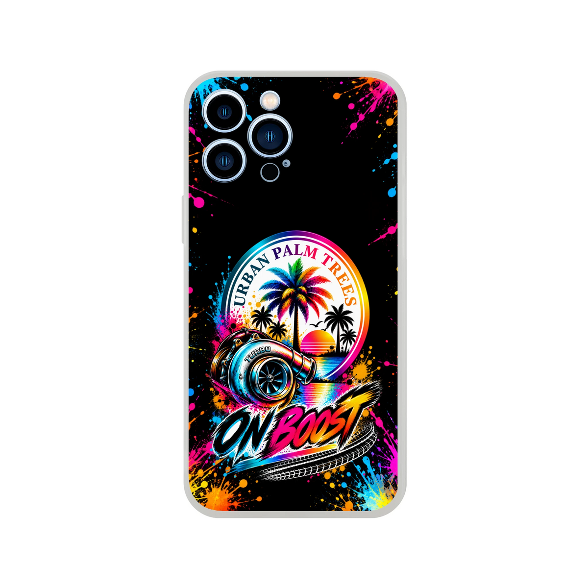 On Boost Petrolhead iPhone case featuring a colorful turbocharger, palm trees, and vibrant paint splatter art on a black background.