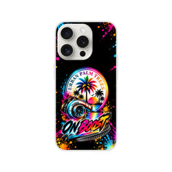 On Boost iPhone case featuring a colorful turbocharger, Urban Palm Trees sunset graphic, and vibrant paint splatters on a black background.