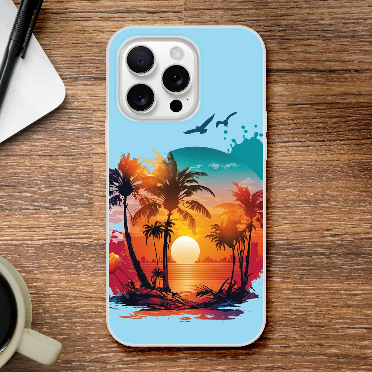 Cute iPhone case (13-16) with a Y2K sunset palm tree design on a blue background.