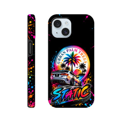 Static Slammed iPhone case featuring a lowered silver car and Urban Palm Trees artwork with vibrant paint splatters on a black background.