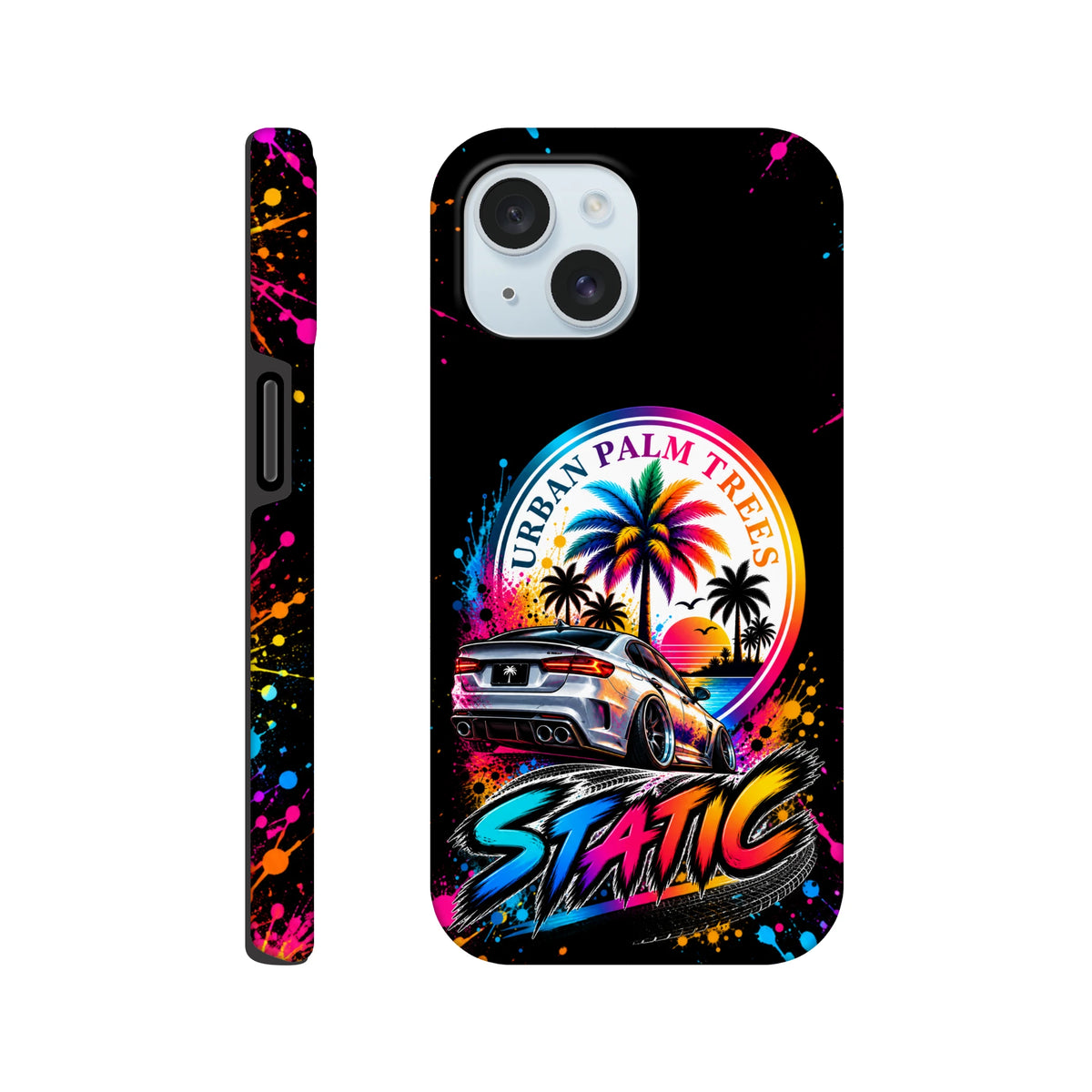 Static Slammed iPhone case featuring a lowered silver car and Urban Palm Trees artwork with vibrant paint splatters on a black background.