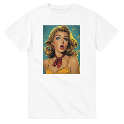 Vintage Pin-Up graphic tee for men with a blonde retro pin-up girl on teal speckled background.