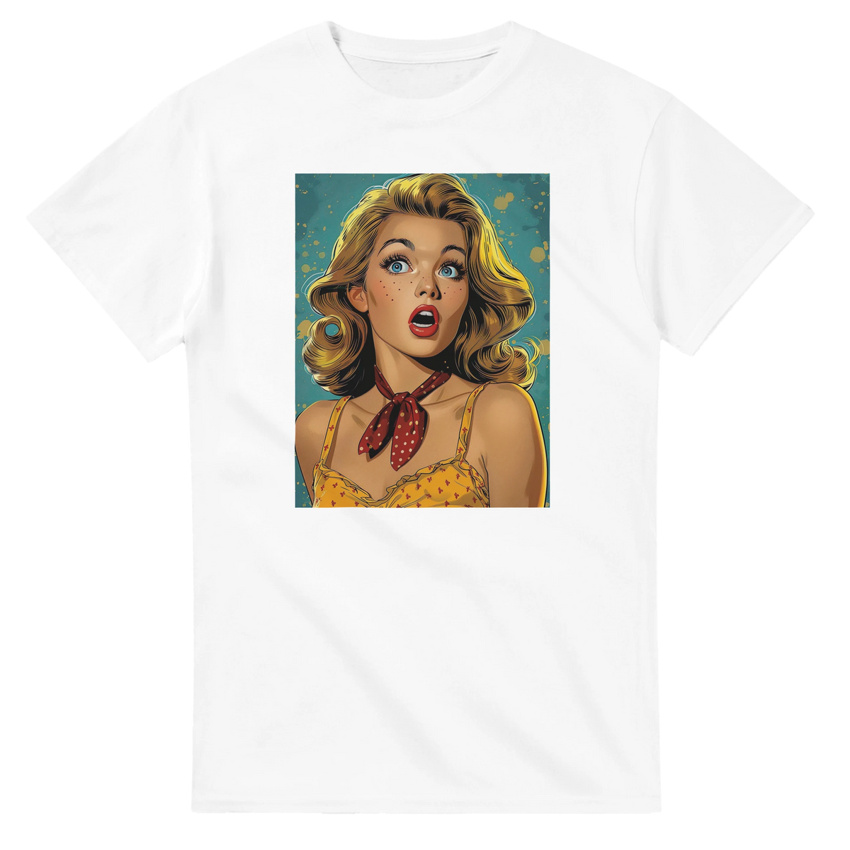 Vintage Pin-Up graphic tee for men with a blonde retro pin-up girl on teal speckled background.