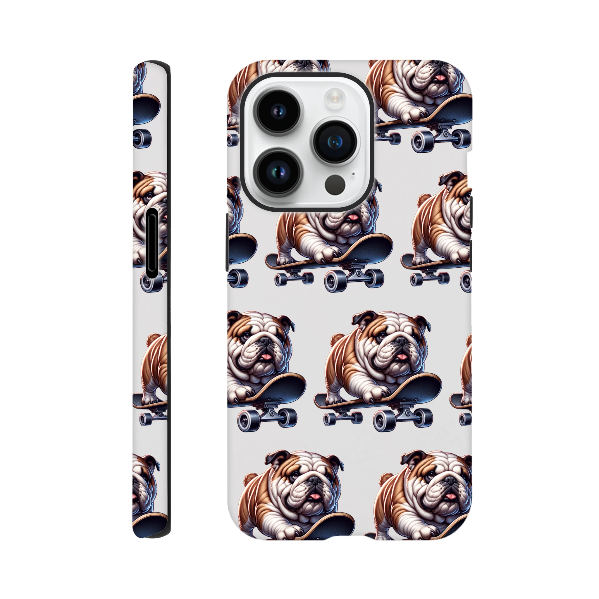 Bulldog-on-skateboard pattern protective case for iPhone 13–16; dual-layer wraparound print with glossy finish.