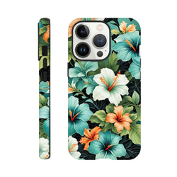 Tough tropical floral iPhone case featuring vibrant teal, orange, and white hibiscus flowers with lush green leaves on a dark background.