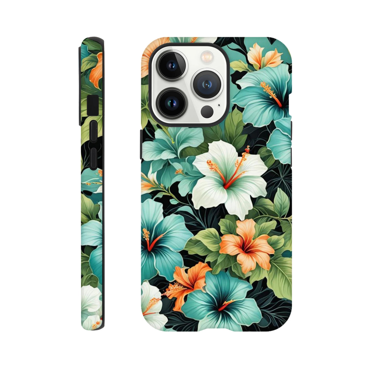Tough tropical floral iPhone case featuring vibrant teal, orange, and white hibiscus flowers with lush green leaves on a dark background.