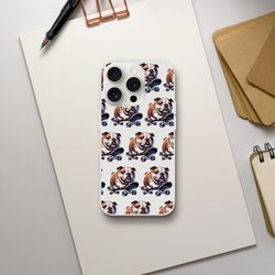 Transparent slim protective case with a repeating bulldog-on-skateboard design for iPhone 13–16.