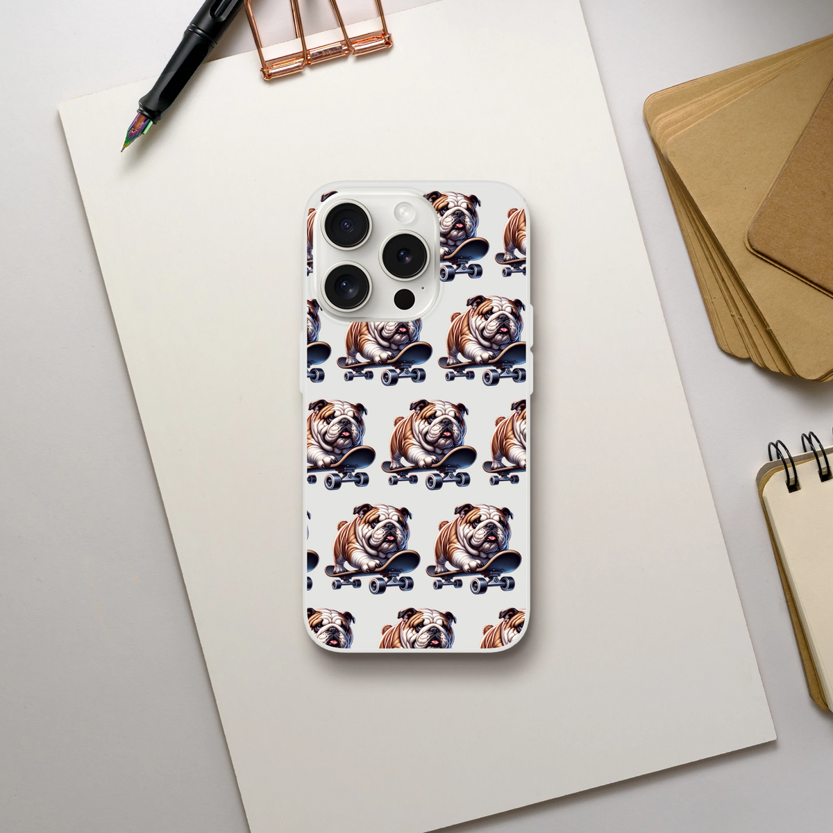 Transparent slim protective case with a repeating bulldog-on-skateboard design for iPhone 13–16.