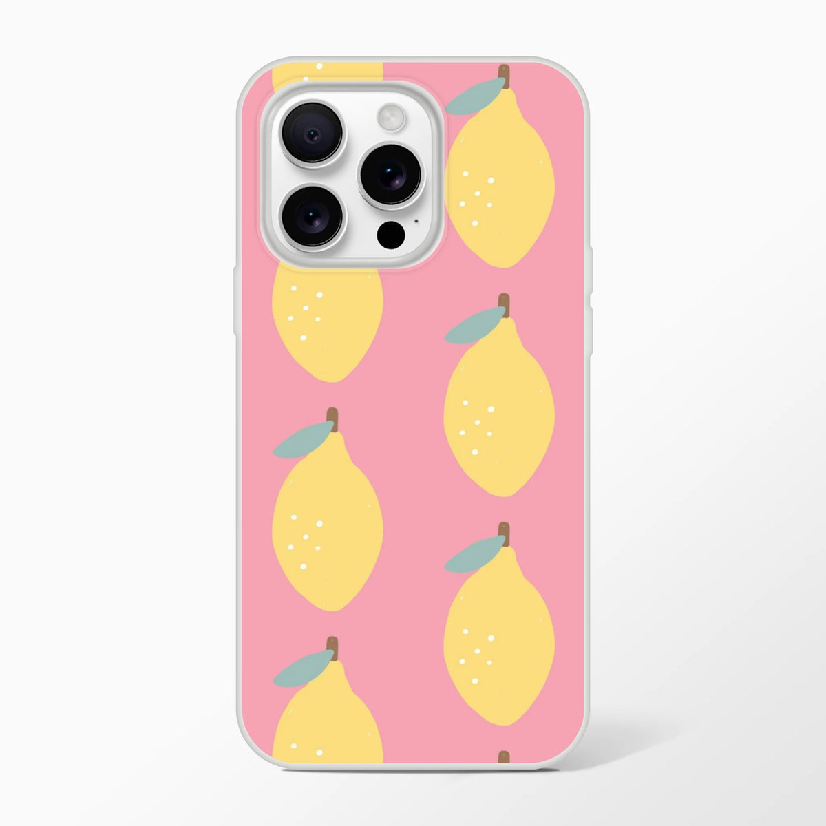 Pink lemon-pattern iPhone case for 13–16, frosted clear Flexi cover with yellow lemons and green leaves.