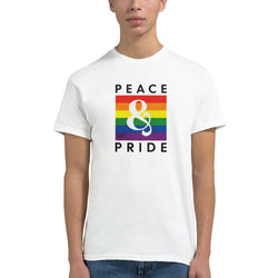 White cotton-blend Pride LGBTQ men's graphic tee with rainbow Peace & Pride design.