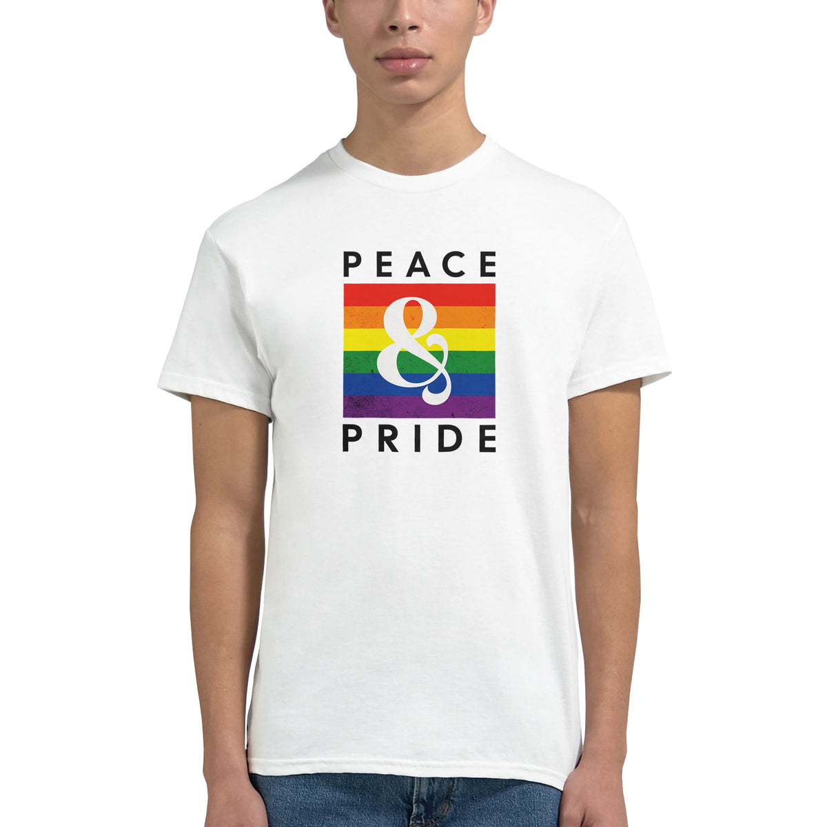 White cotton-blend Pride LGBTQ men's graphic tee with rainbow Peace & Pride design.