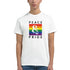 White cotton-blend Pride LGBTQ men's graphic tee with rainbow Peace & Pride design.