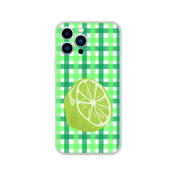 Cute lime gingham iPhone case (13-16) in green with lime slice motif on a checkered pattern.