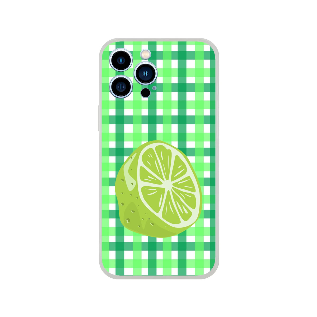Cute lime gingham iPhone case (13-16) in green with lime slice motif on a checkered pattern.