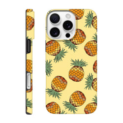 Yellow pineapple tough iPhone case featuring a vibrant tropical pattern and wraparound print for impact protection.