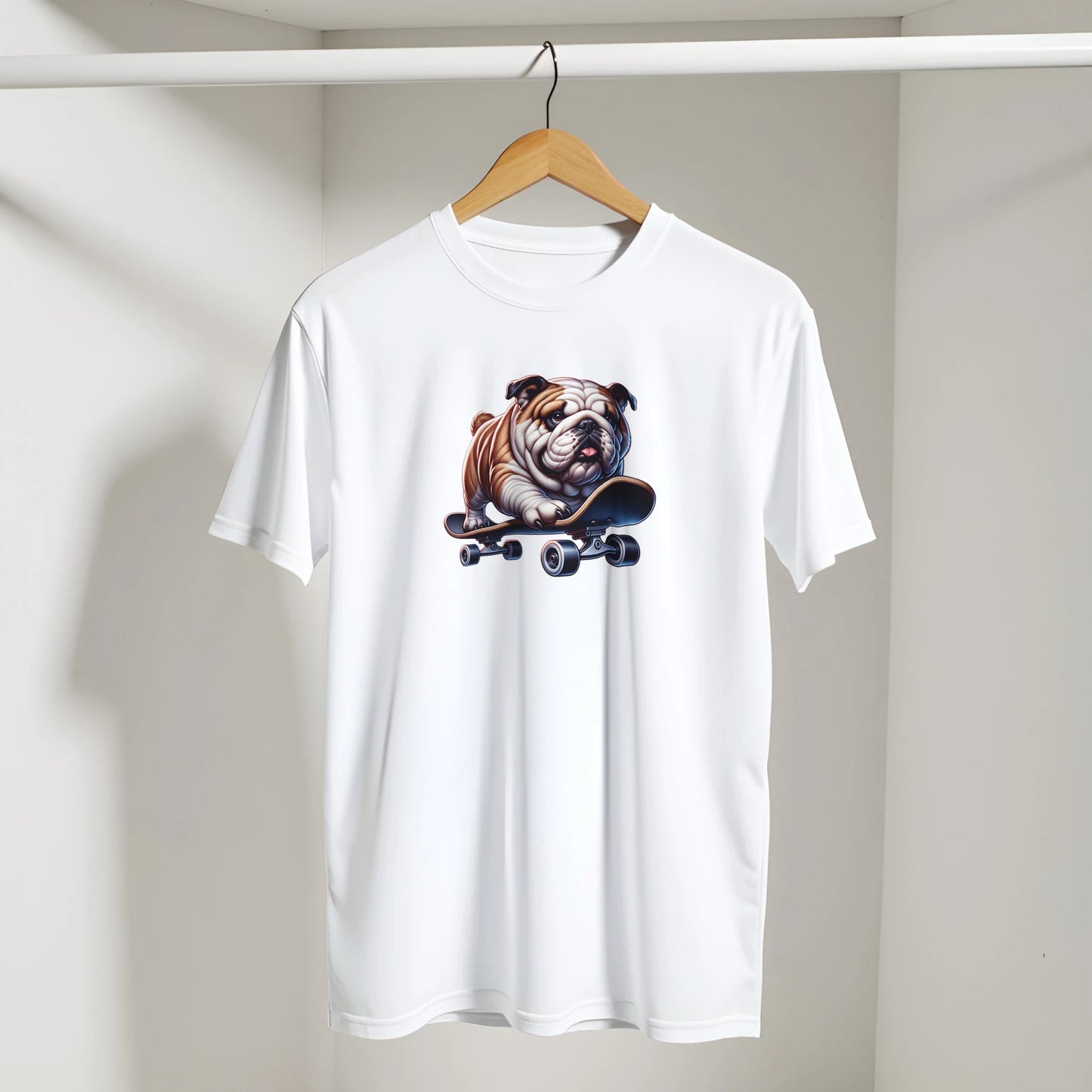 White men's cotton-blend T-shirt with a bulldog on a skateboard graphic; DTG-friendly, soft feel