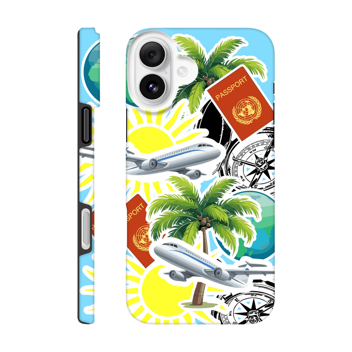 Travel sticker Tough iPhone case featuring palm trees, airplanes, and passport graphics for durable island-vibe protection.