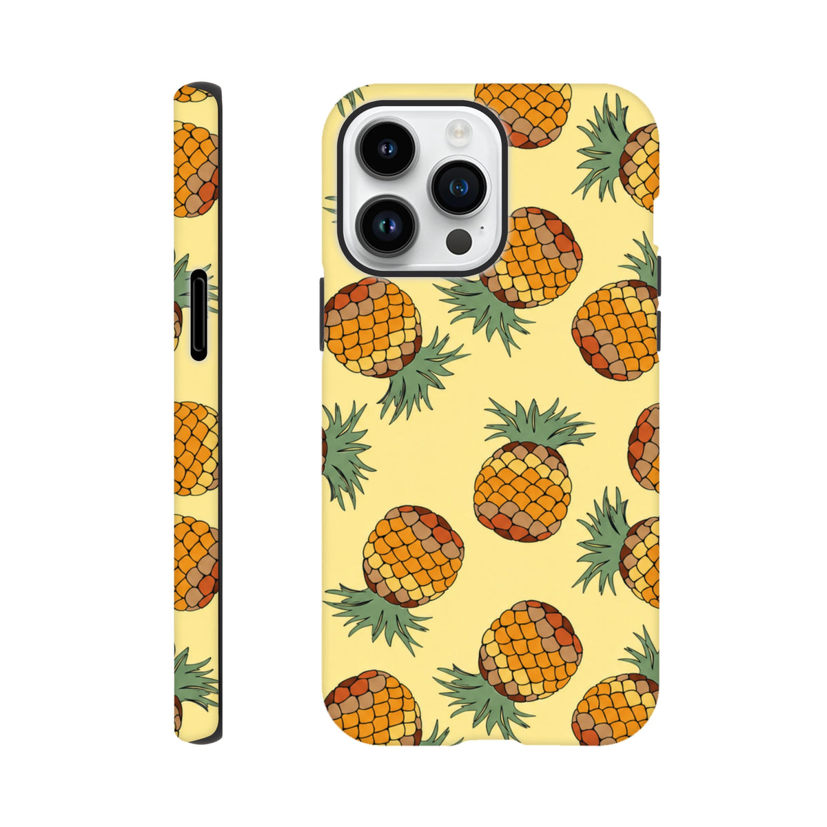 Yellow pineapple pattern iPhone tough case with tropical fruit print and wraparound design for impact protection.