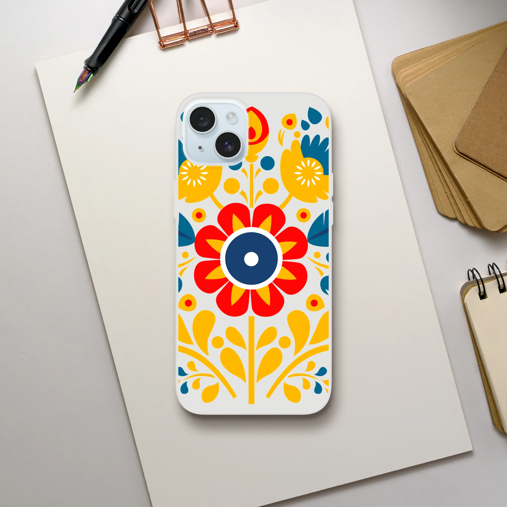 Transparent slim protective iPhone case with colorful floral print (red, yellow, blue) for iPhone 13–16