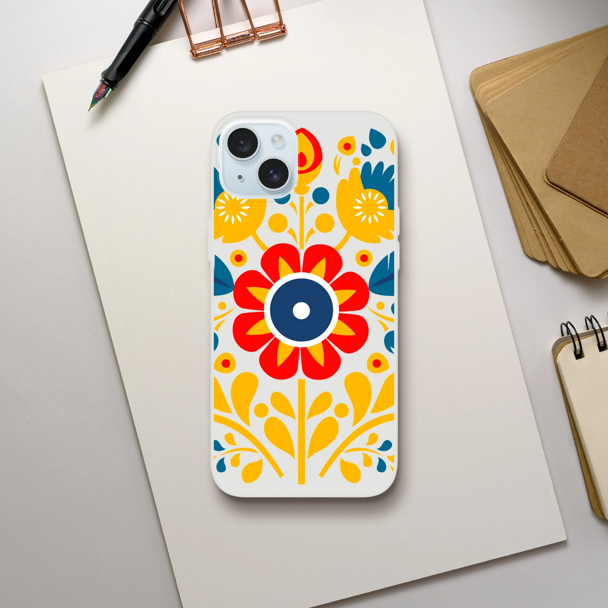 Transparent slim protective iPhone case with colorful floral print (red, yellow, blue) for iPhone 13–16